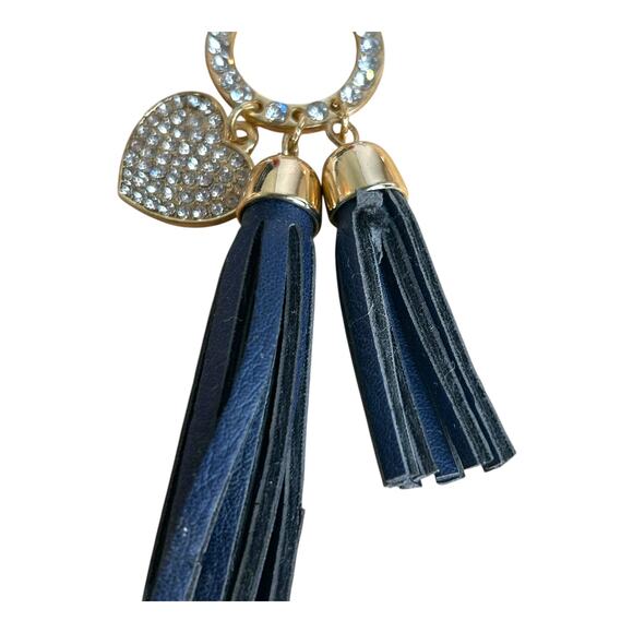 Sparkly Rhinestone Heart Navy Blue Tassels Gold Tone Keychain - Picture 3 of 4